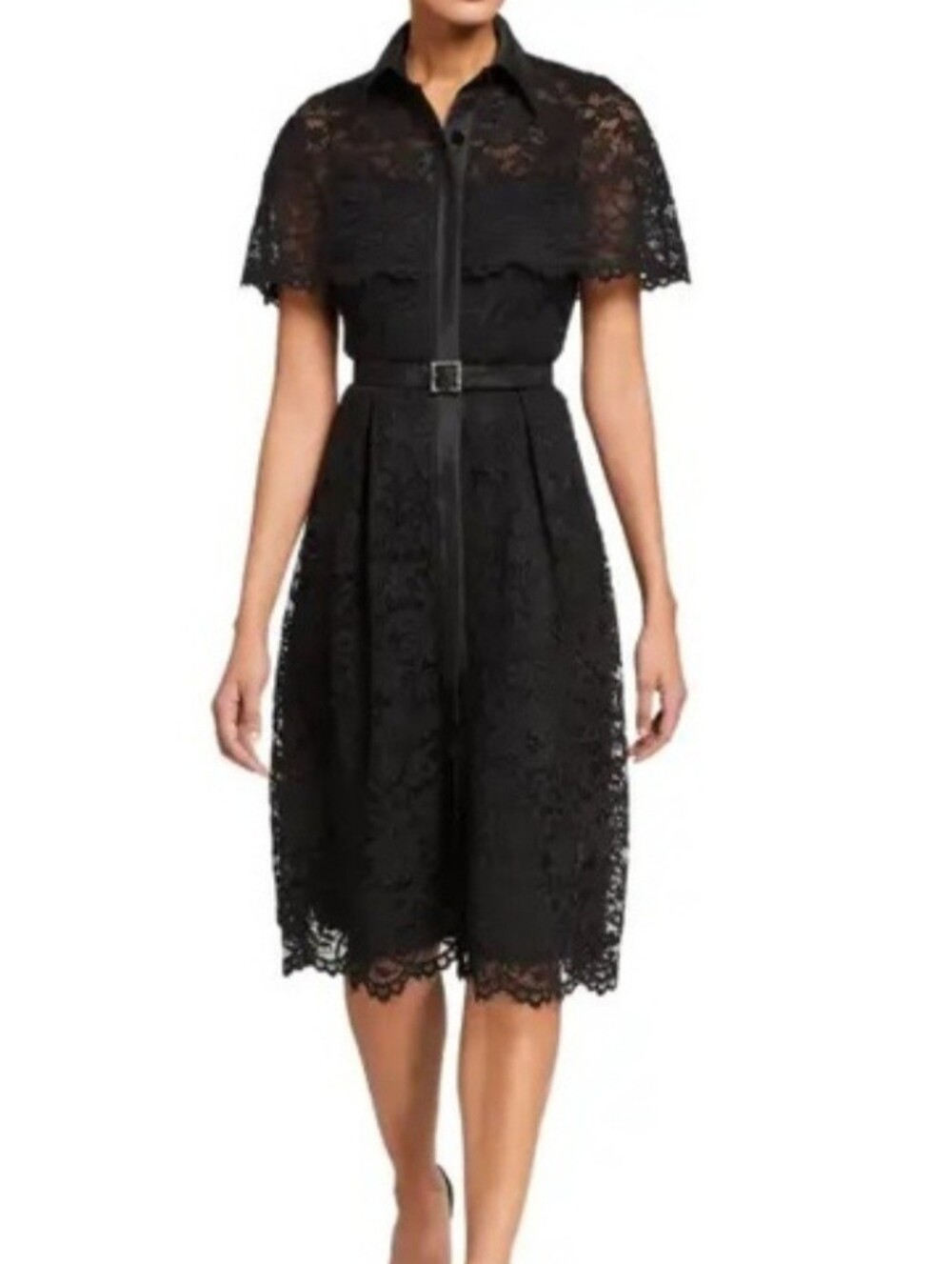 TERI JON Black Lace Midi Dress Size 12 Shirt Collar Rhinestone Belt Perfect Cond